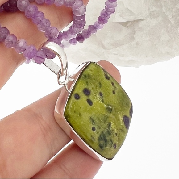 Solid Sterling Silver 925 Atlantisite Square Pendant Amethyst Necklace Purple - Picture 3 of 8